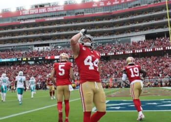 Kyle Juszczyk of the San Francisco 49ers celebrates after his receiving touchdown against the Miami Dolphins in the third quarter of a game at Levi's Stadium on Sept. 20, 2026, in Santa Clara, California.