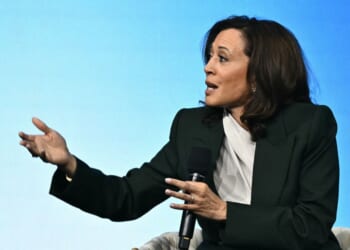 Former Vice President Kamala Harris talks during a panel discussion at the Austrian World Summit of the Schwarzenegger Climate Initiative on June 16, 2026, in Vienna, Austria.