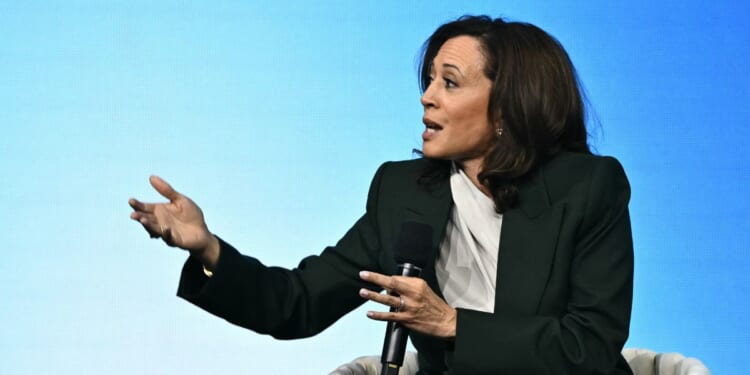 Former Vice President Kamala Harris talks during a panel discussion at the Austrian World Summit of the Schwarzenegger Climate Initiative on June 16, 2026, in Vienna, Austria.