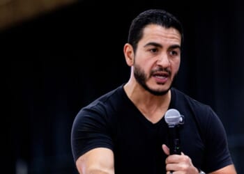 Democratic candidate for U.S. Senate Abdul El-Sayed answers questions from attendees during a town hall event, part of a series of events across Michigan focused on hearing from voters, on Sept. 3, 2026, at the Oakland Expo Center in Waterford, Michigan.