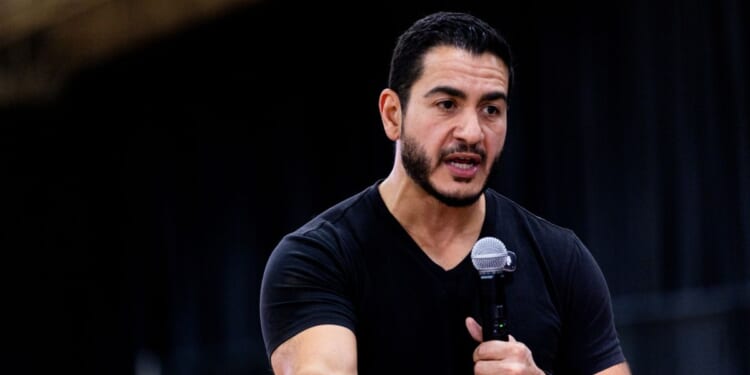 Democratic candidate for U.S. Senate Abdul El-Sayed answers questions from attendees during a town hall event, part of a series of events across Michigan focused on hearing from voters, on Sept. 3, 2026, at the Oakland Expo Center in Waterford, Michigan.