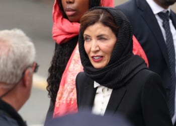 New York Gov. Kathy Hochul departs the funeral service for slain NYPD officer Didarul Islam in the Bronx borough of New York City on July 31, 2025.