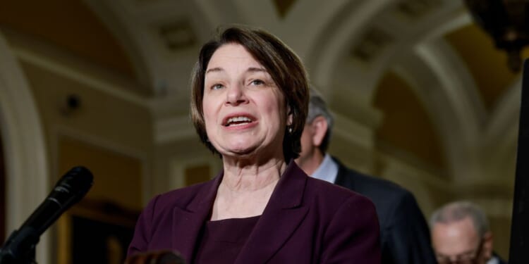 Sen. Amy Klobuchar speaks during a news conference following a weekly policy luncheon with Senate Democrats at the U.S. Capitol on May 19, 2026, in Washington, D.C.