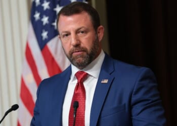 Secretary of Homeland Security Markwayne Mullin speaks during a news conference in the Eisenhower Executive Office Building on July 17, 2026, in Washington, D.C.