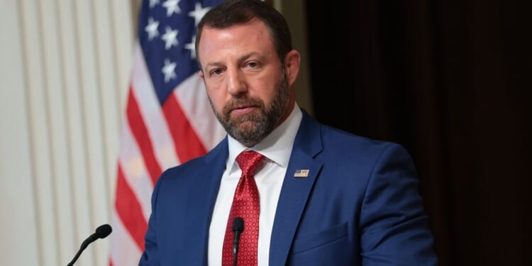 Secretary of Homeland Security Markwayne Mullin speaks during a news conference in the Eisenhower Executive Office Building on July 17, 2026, in Washington, D.C.