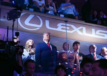 President Donald Trump with his granddaughter Kai Trump, Knicks owner James Dolan, Secretary of the Interior Doug Burgum, and Environmental Protection Agency director Lee Zeldin attend Game Three of the NBA Finals between the San Antonio Spurs and the New York Knicks at Madison Square Garden in New York on June 8, 2026.