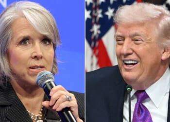 New Mexico Gov. Michelle Lujan Grisham, left, did not see the humor in a post by President Donald Trump about changing her state's name.