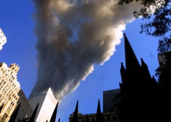Smoke spews from the south tower of the World Trade Center Sept. 11, 2001, after two hijacked airplanes hit the twin towers in a terrorist attack on New York City.