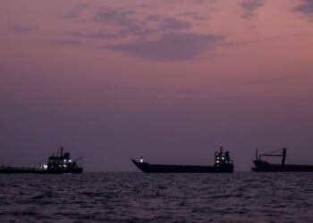 Vessels transit the Strait of Hormuz off the coast of the port city of Bandar Abbas in southern Iran on Sept. 5, 2026.