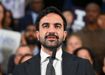 Mamdani in a suit and tie speaks at a podium in front of a blurred crowd holding signs.