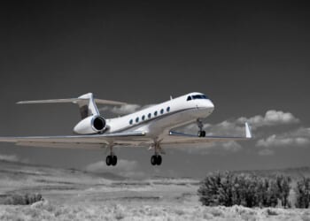 A Gulfstream G-V is seen in a file photo. A Coast Guard C-37A, the military version of the Gulfstream G-V, with Department of Homeland Security Secretary Markwayne Mullin and 13 others aboard, made an emergency landing in Virginia Wednesday.