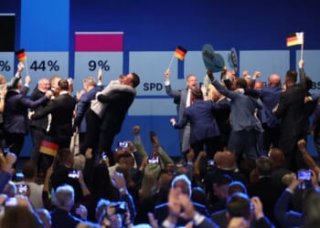 Supporters of the Alternative for Germany (AfD) party cheer after winning 44 percent of the vote in the Saxony-Anhalt state elections on Sept. 6, 2026 in Magdeburg, Germany.