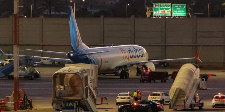 A FlyDubai Boeing 737 MAX 8 aircraft is pictured on the tarmac after landing at Israel's Ben Gurion Airport in Lod on Wednesday.