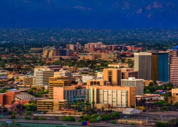 The skyline of Tucson, Arizona, at sunset.