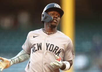 Jazz Chisholm Jr. of the New York Yankees reacts after hitting a solo homerun during the first inning of a game against the Los Angeles Angels at Angel Stadium of Anaheim on Sept. 1, 2026, in Anaheim, California.