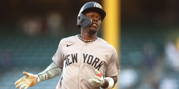 Jazz Chisholm Jr. of the New York Yankees reacts after hitting a solo homerun during the first inning of a game against the Los Angeles Angels at Angel Stadium of Anaheim on Sept. 1, 2026, in Anaheim, California.