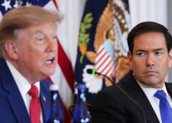Secretary of State Marco Rubio listens as President Donald Trump speaks during a roundtable on the American mining industry at the Department of State on Aug. 7, 2026, in Washington, D.C.