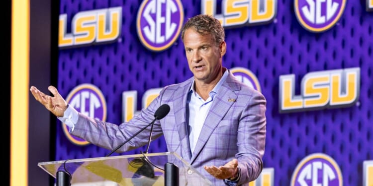 Head Coach Lane Kiffin of the LSU Tigers speaks at SEC Football Kickoff Media Day July 23 in Tampa, Florida.