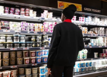 People shop at a grocery store in Manhattan on Feb. 27, 2026, in New York City.