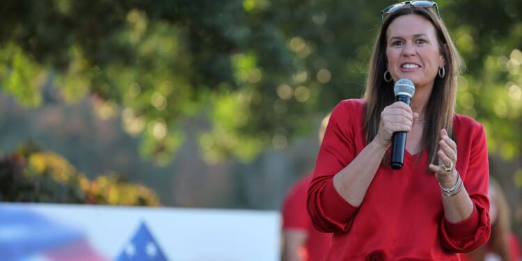 Arkansas Gov. Sarah Huckabee Sanders speaks during the opening ceremony of the Simmons Bank Championship 2024 at Pleasant Valley Country Club on Oct. 25, 2024, in Little Rock, Arkansas.