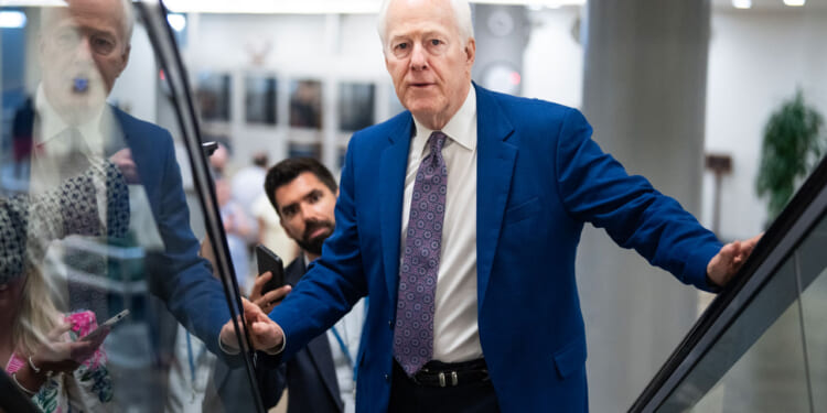 John Cornyn in a blue suit and patterned tie stands on an escalator, looking ahead with quiet resolve, while another man below—perhaps engaged in a discussion about socialism—holds a phone and looks up at him.