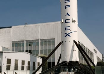 A SpaceX Falcon 9 rocket is displayed at a SpaceX facility on Aug. 4, 2026, in Hawthorne, California.