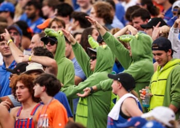 Florida Gators fans react during the first half of a game between the Florida Gators and the Texas Longhorns on Oct. 4, 2025, at Ben Hill Griffin Stadium in Gainesville, Florida.