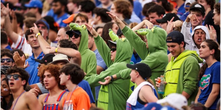 Florida Gators fans react during the first half of a game between the Florida Gators and the Texas Longhorns on Oct. 4, 2025, at Ben Hill Griffin Stadium in Gainesville, Florida.