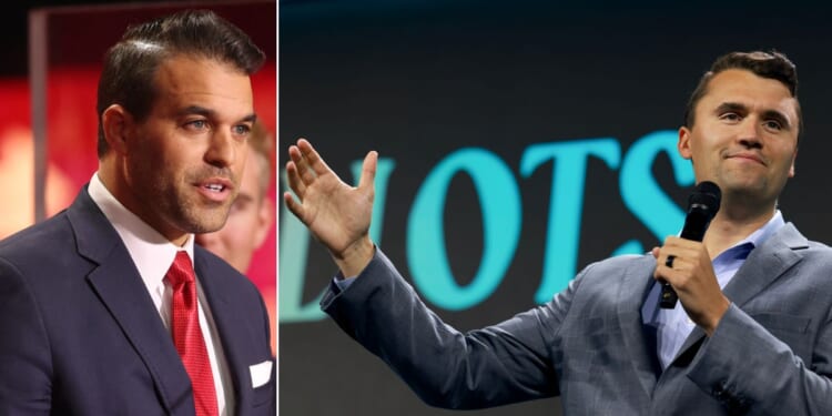 Turning Point USA spokesman Andrew Kolvet, left, said those celebrating last year's assassination of TPUSA founder Charlie Kirk, right, "are only ensuring that his legacy will grow bigger, larger, and more powerful.”