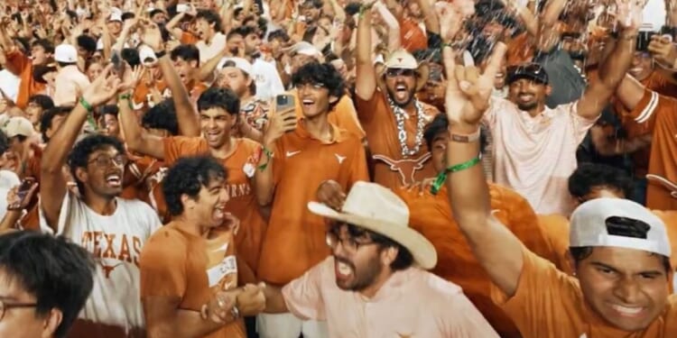 Texas students celebrate during the Texas Longhorns game in Austin, Texas, on Sept. 12, 2026.