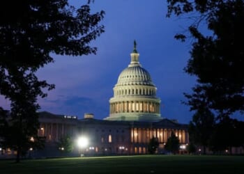 The Capitol building is pictured late at night in Washington, D.C. on April 12, 2026.