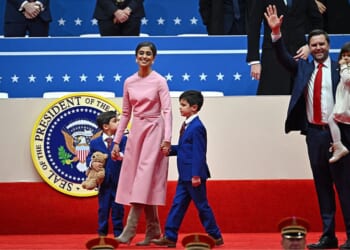 Vice President J.D. Vance walks on stage with his wife, second lady Usha Vance, and their children, on Inauguration Day, Jan. 20, 2025. Vance is promoting a policy that would allow families with a stay-at-home spouse to collect child care subsidies.