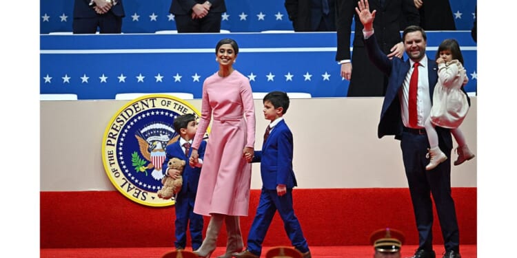 Vice President J.D. Vance walks on stage with his wife, second lady Usha Vance, and their children, on Inauguration Day, Jan. 20, 2025. Vance is promoting a policy that would allow families with a stay-at-home spouse to collect child care subsidies.