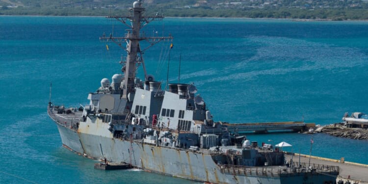 An aerial view shows the USS Mahan, a U.S. Navy Arleigh Burke-class guided-missile destroyer, docked at the port of Ponce, Puerto Rico, on Jan. 15, 2026.