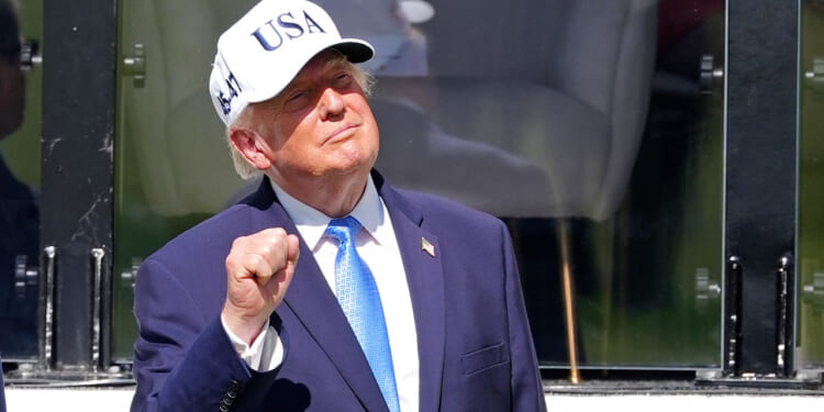 Donald Trump in a hat stands outdoors, raising his fist and smiling.