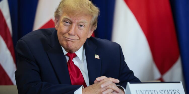 A man in a navy suit and red tie sits at a table with a sign labeled United States, in front of international flags, smiling slightly and looking forward.