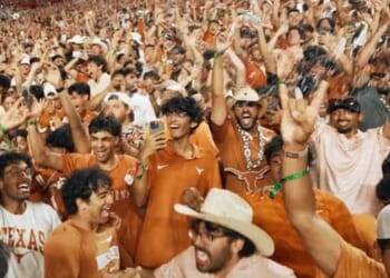 Bo French posted a photo of predominantly Indian fans of the Texas Longhorns celebrating in Austin, Texas, on Sept. 13, 2026.