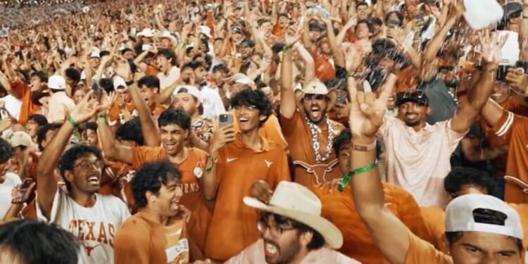 Bo French posted a photo of predominantly Indian fans of the Texas Longhorns celebrating in Austin, Texas, on Sept. 13, 2026.