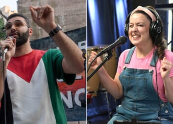 YouTube children's star Ms. Rachel, right, was reportedly thrilled to welcome Palestinian photojournalist Motaz Azaiza, seen at left at a 2025 pro-Palestinian protest in New York City, on her children's show last year.