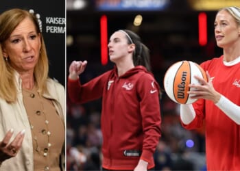 WNBA Commissioner Cathy Engelbert, left, has announced she will retire this year, just when the league is starting to gain traction with the popularity of players like Indiana Fever's Caitlin Clark and Sophie Cunningham, right.