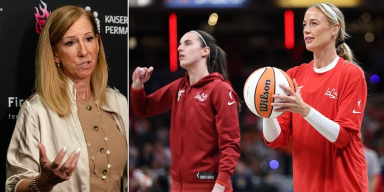 WNBA Commissioner Cathy Engelbert, left, has announced she will retire this year, just when the league is starting to gain traction with the popularity of players like Indiana Fever's Caitlin Clark and Sophie Cunningham, right.