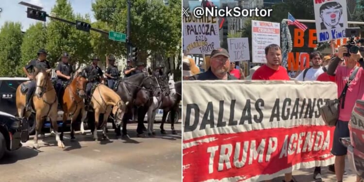 Mounted police face off with protesters outside the Republican National Midterm Convention in Dallas Thursday.