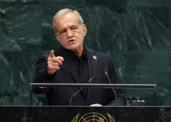 Iranian President Masoud Pezeshkian speaks during the 81st United Nations General Assembly at the United Nations Headquarters in New York, on Sept. 23, 2026.