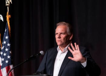 U.S. Senate candidate Mike Rogers speaks at his election watch party on Nov. 5, 2024, in Novi, Michigan.