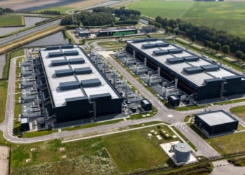 An aerial drone photo of Microsoft data centers in Middenmeer, Netherlands, surrounded by farmland, on Sept. 1, 2025.