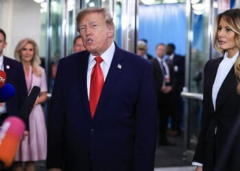 President Donald Trump speaks to members of the media Tuesday as he arrives during the 81st United Nations General Assembly at the United Nations Headquarters in New York.