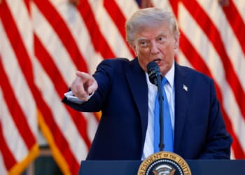 President Donald Trump speaks as he hosts a dinner in the Rose Garden at the White House on Sept. 2, 2026, in Washington, D.C.