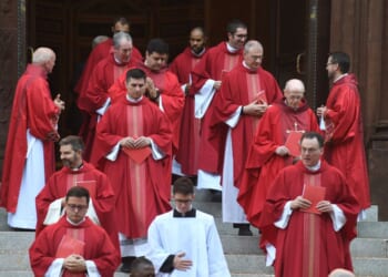 Bishops, priests, and cardinals leave after the celebrating the 72nd Annual Red Mass at the Cathedral of St. Matthew the Apostle in Washington, D.C., on Oct. 6, 2024.