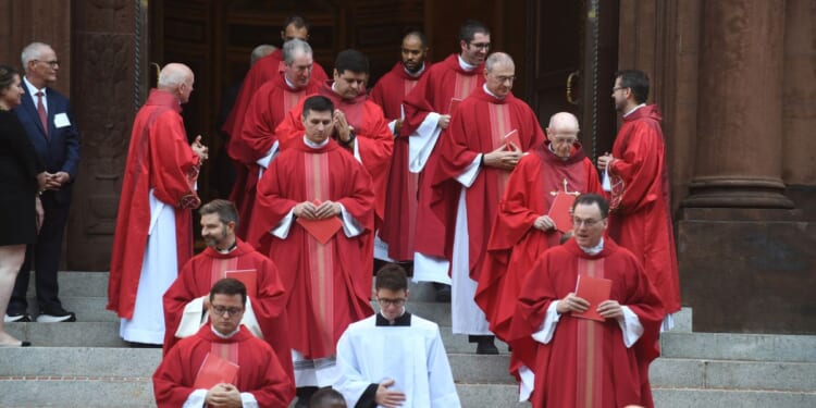 Bishops, priests, and cardinals leave after the celebrating the 72nd Annual Red Mass at the Cathedral of St. Matthew the Apostle in Washington, D.C., on Oct. 6, 2024.