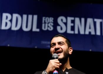 Democrat Senate candidate Abdul El-Sayed speaks during a rally at the McMorran Theater in Port Huron, Michigan, on Oct. 6, 2026.